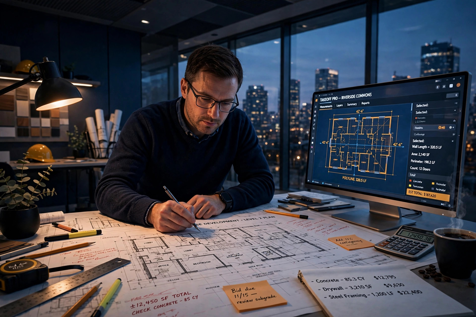 Estimator reviewing construction blueprints